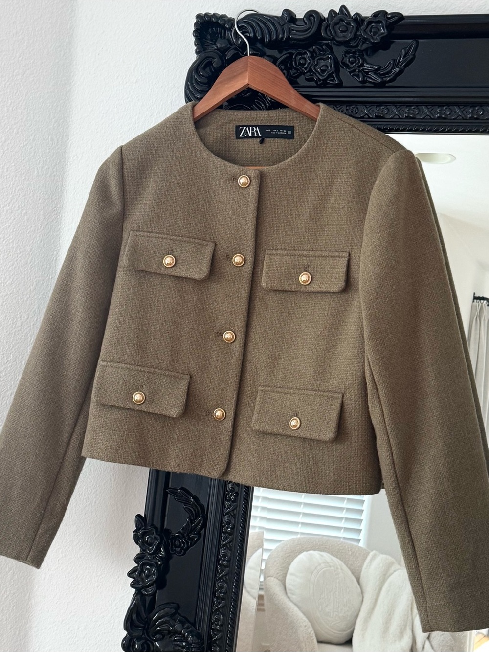 Zara | Women’s Taupe Wool-Blend Textured Collarless Blazer Jacket